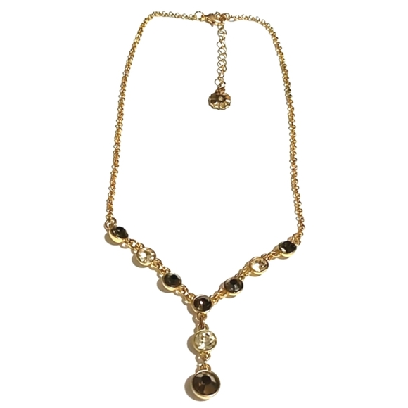 Monet Jewelry - MONET VINTAGE GOLD-TONE DARK GRAY AND CLEAR RHINESTONE Y-SHAPED 15-18" NECKLACE